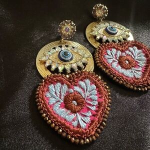 Embroidered Heart and Eye Earrings